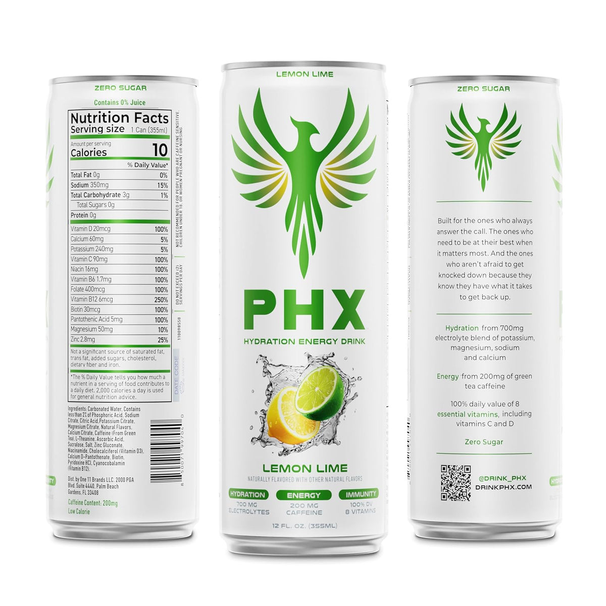 PHX Hydration Energy Drink - 700mg Electrolytes, 200mg Natural Green Tea Caffeine, 100% Daily Value 8 Essential Vitamins - 12 oz Cans (12 Pack) (12 Pack, Lemon Lime)