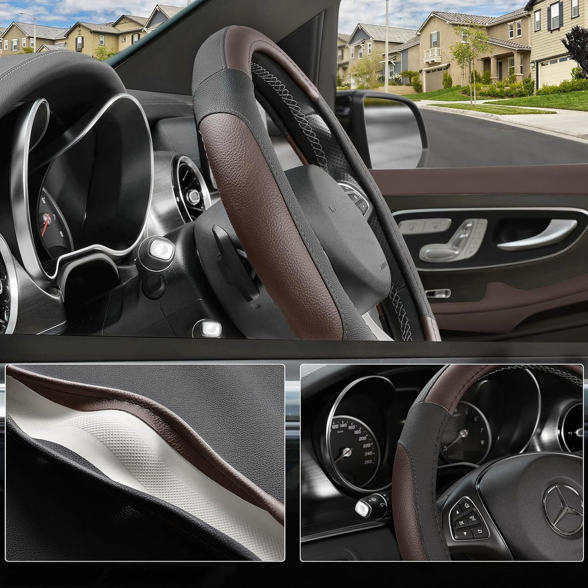 SEG Direct Steering Wheel Cover for Car, Standard Size 14.5-15 inch, Auto Interior Accessories, Black and Dark Brown