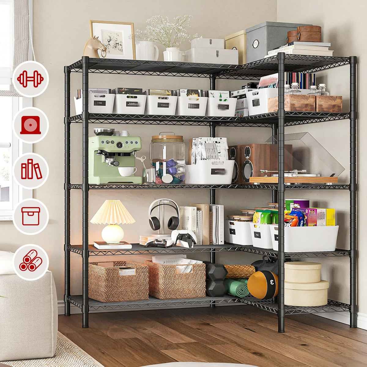 REIBII 5 Tier Wire Shelving Storage Shelves Loads 1430LBS, 58" W Metal Shelving for Storage Adjustable Shelving Unit Heavy Duty Garage Shelves Pantry Shelves Kitchen, Black