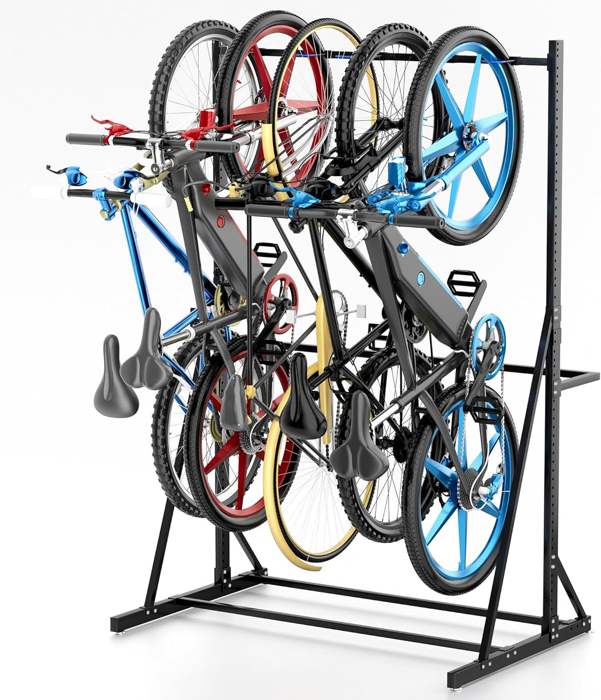 Freestanding Bike Storage Rack, Heavy Duty Vertical Bike Rack with 300LB Capacity, Hold 5 Bikes, Indoor Bicycle Organizer for Garage Storage with No Drilling Needed