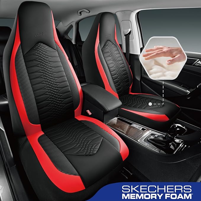 Skechers Memory Foam Car Seat Covers, Leather High Back Seat Covers Quilting Design,Waterproof Sports Car Seat Covers Front Seats,Airbag Compatible, Universal Fit for Most Cars, SUVs,Trucks,Red