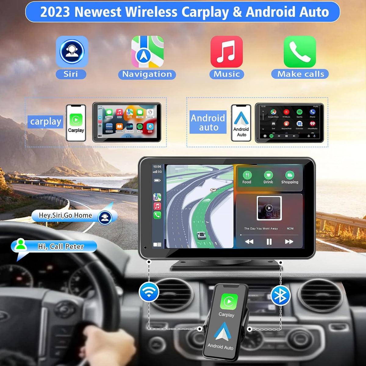 Portable Wireless with Apple CarPlay and Android Auto Screen for Car, 7" HD Touch Screen Car Stereo with Mirror Link, Bluetooth 5.2, Backup Camera, AUX,FM Transmitter for All Vehicle