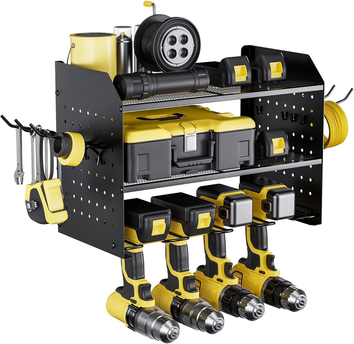 TRZZ Power Tool Organizer Wall Mount, 3-Layer Drill Holder with 2 Side Pegboards, Cordless Drill Rack with 4 Hooks, Efficient Storage for Workshop, Garage, and Tool Room (Black)
