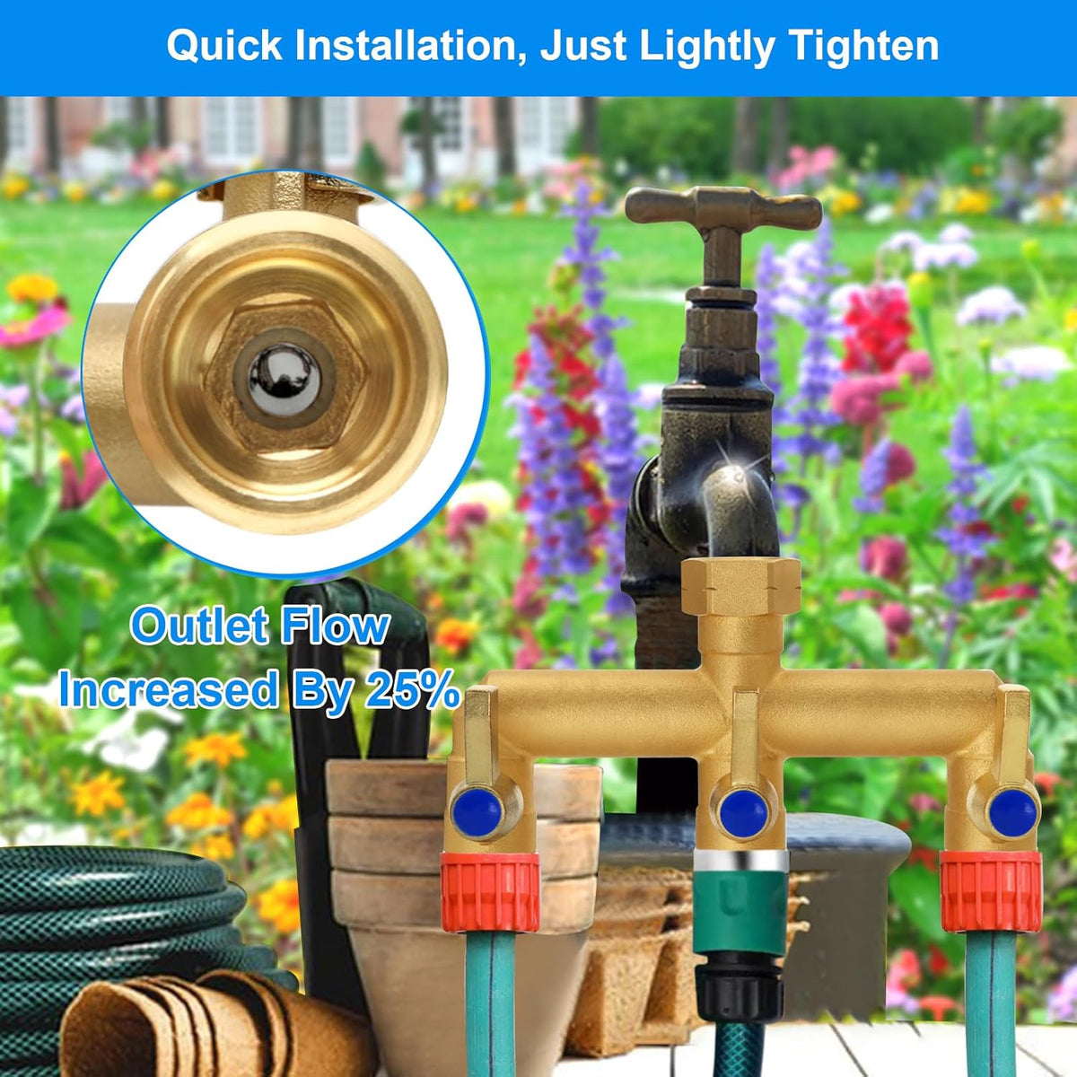 Brass Garden Hose Splitter, 3 Way Hose Splitter, Outdoor Hose Splitter, GHT 3/4 in. Female Inlet and 3 Way 3/4 in, (Increase Flow Style)