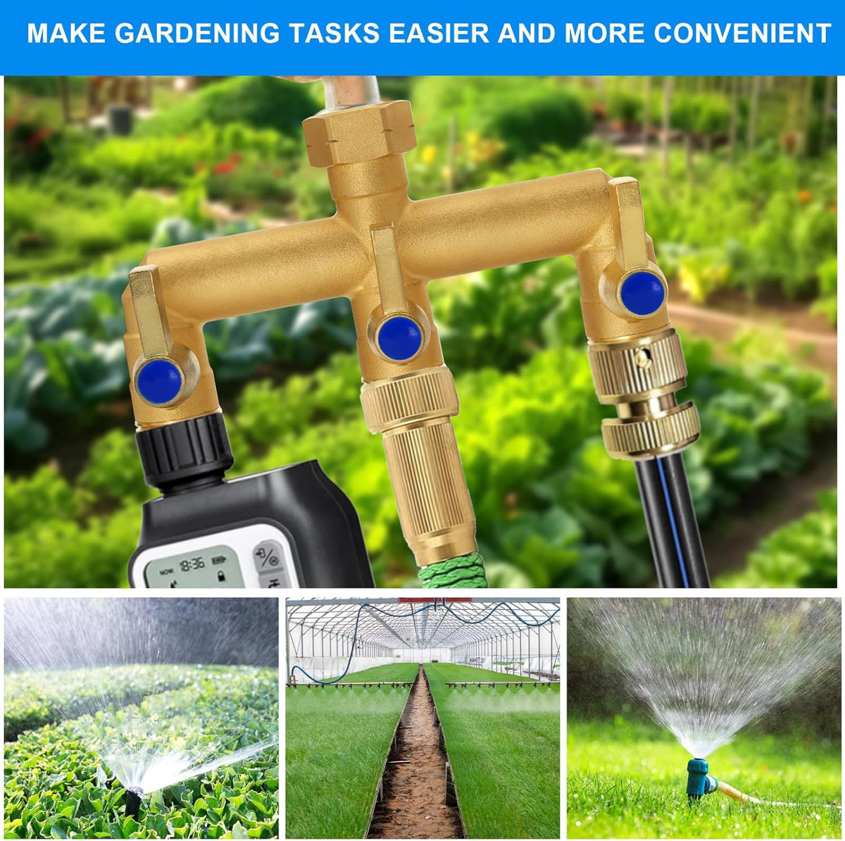 Brass Garden Hose Splitter, 3 Way Hose Splitter, Outdoor Hose Splitter, GHT 3/4 in. Female Inlet and 3 Way 3/4 in, (Increase Flow Style)