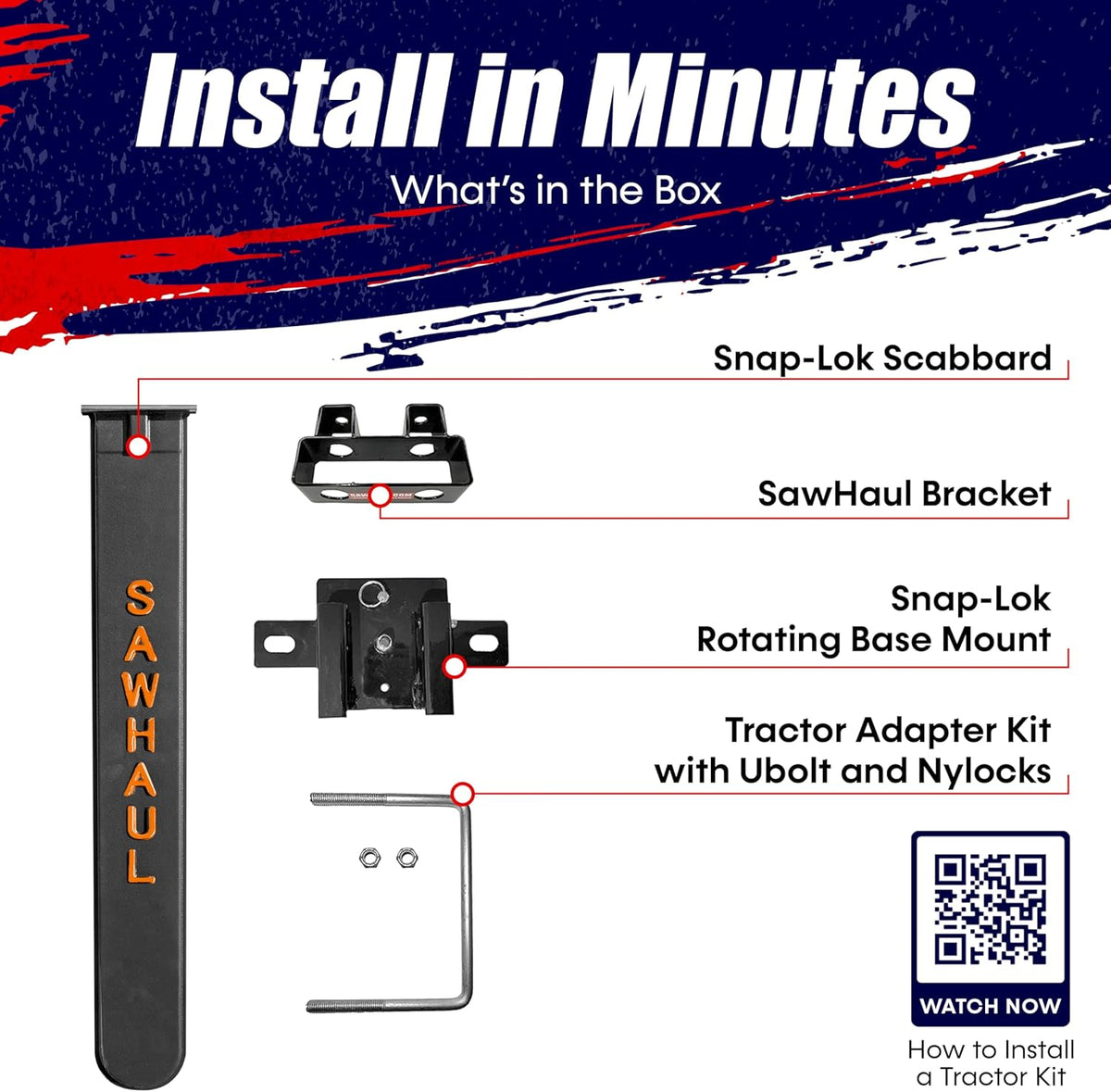 SawHaul Snap-Lok Universal Chainsaw Carrier Kit for Tractors and Skid Steers – 36 Inch Orange Scabbard with Rotating Mount – Compatible with All Chainsaw Brands – Made in USA