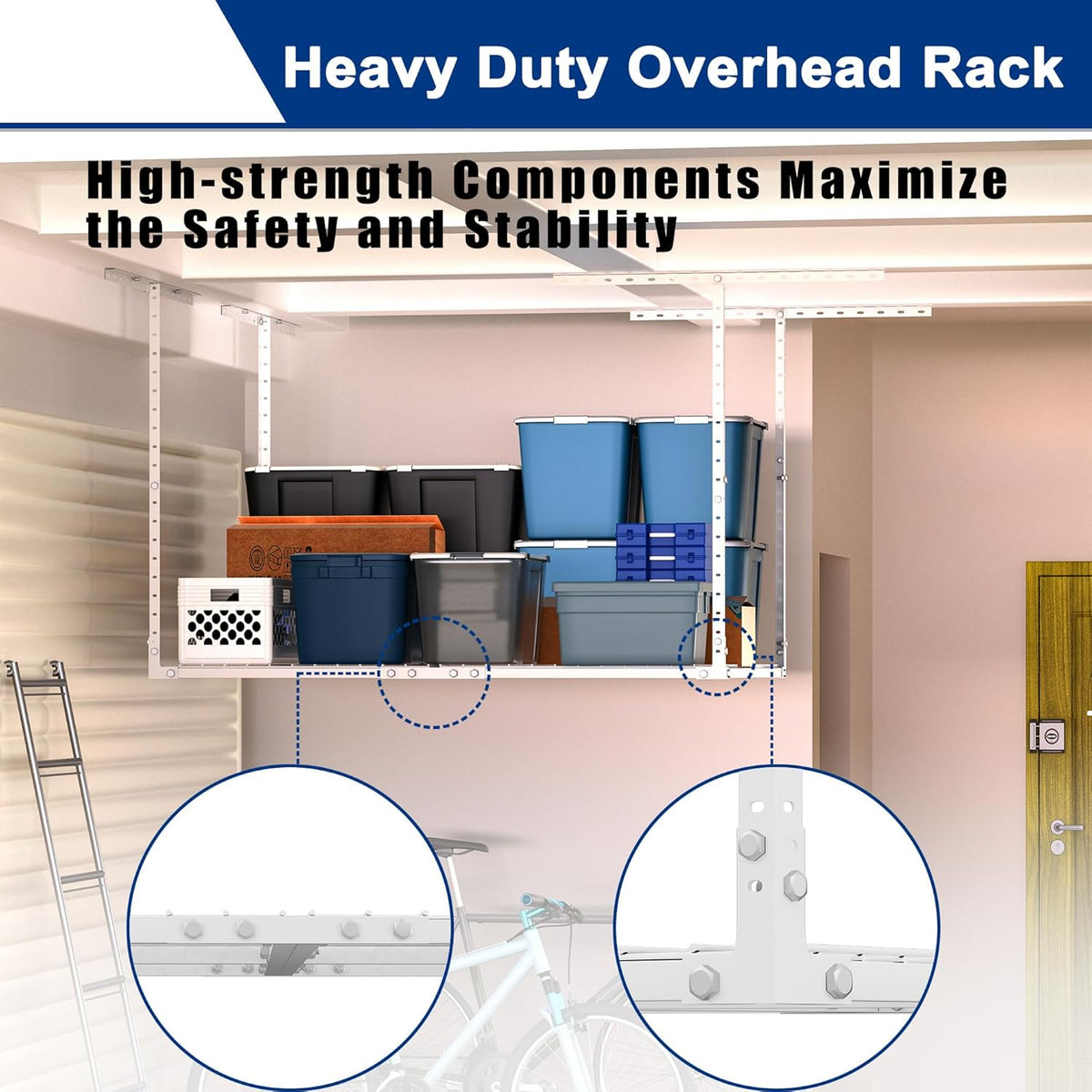 GIOTORENT 3x4FT Heavy Duty Overhead Garage Storage Rack - Adjustable Ceiling Shelving with 450lbs Weight Capacity, Metal Garage Organization System, White