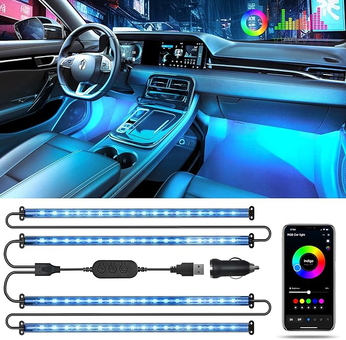 Pak Car LED Lights, Smart RGB 48 LED Car Interior Light with APP Control, Under Dash Car Strip Lights, Music Mode, DIY Mode, 2 Lines Design with Car Charger, Ambient Lighting for Cars, SUVs, Trucks