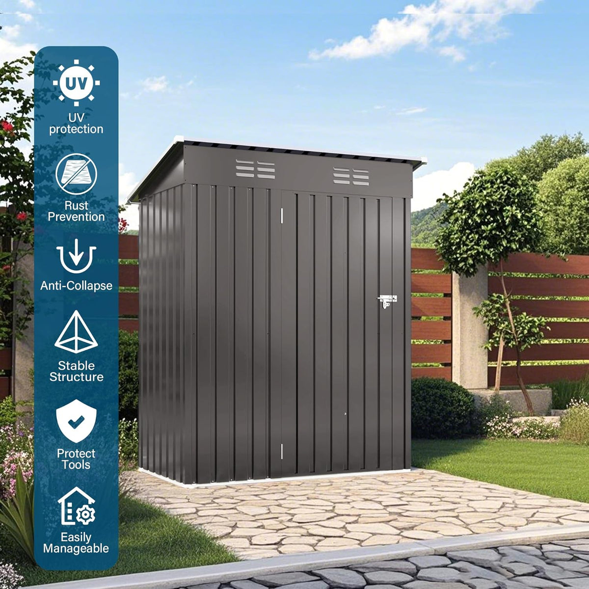 IKERY 5X3 FT Metal Outdoor Storage Shed, Tool Shed with Pitched Roof and Lockable Door Compact Metal Tool Shed for Garden, Backyard, Patio, Everyday Sundries and Bike Storage, Gray