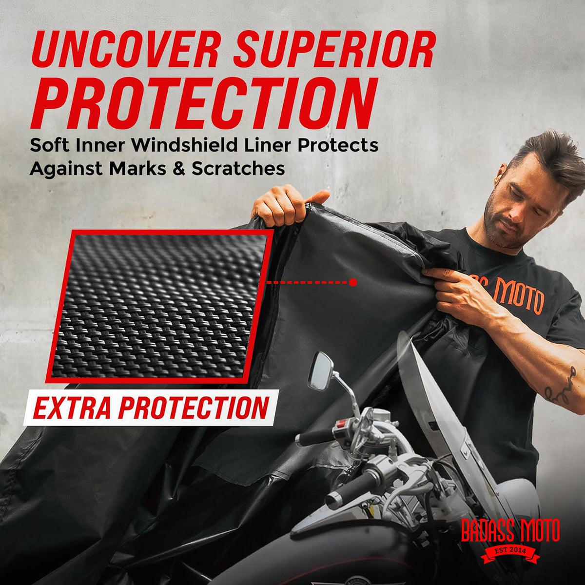 Badass Moto Ultimate Motorcycle Cover Waterproof Outdoor Heavy Duty Durable All Season Storage Harsh Weather Sun Rain Cover fits Harley Davidson Street Glide, Vulcan, Shadow, Cruiser Bikes. Large 97L