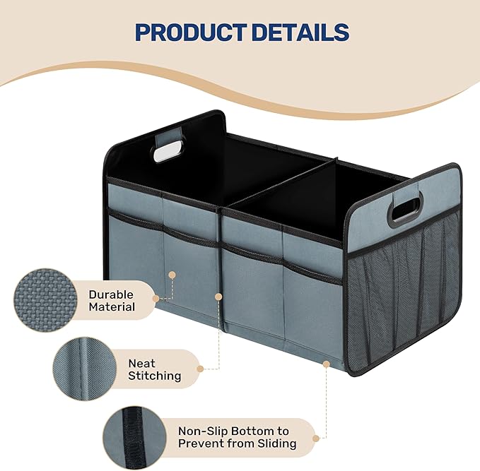 YSSOA Trunk Organizer for Car/SUV/Truck, Collapsible 2 Compartment Automotive Storage Box, 600D Waterproof Oxford Polyester 50L Travel Accessories, Anti-slip & Leak-proof, Grey-Green