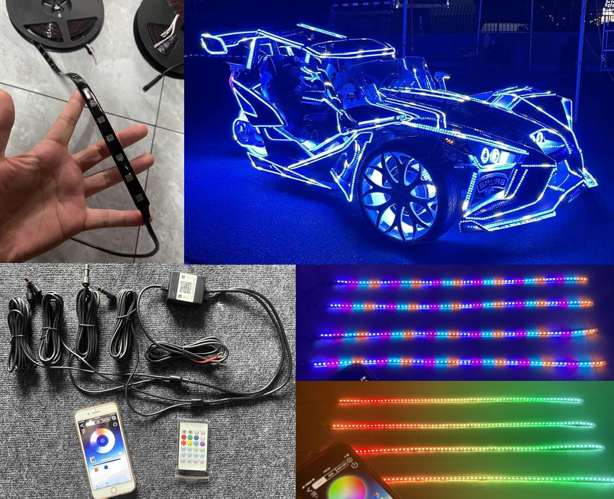 Black Out Full Tinted Smoked LEDs 4PCS 6.5FT 2Meters 78" RGB Dream Color Chasing IP65 Light Strips for Car Truck Slingshot Golf Cart Bluetooth + Remote Control