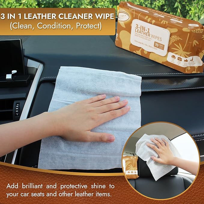 Air Jungles 3in1 Leather Wipes 140 Count, Extra Large 8" x 10" Size, Clean Condition Protect Wipes for Vinyl and Leather Apparel Furniture Auto Car Interior Shoes Boots Bags