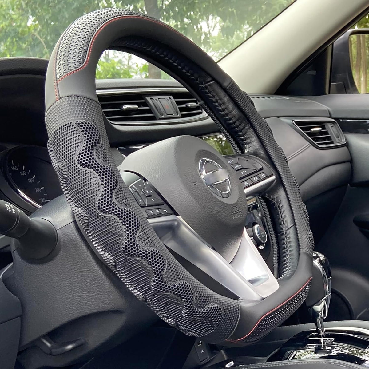 PINCTROT D Shaped 14 Inch Small Sized Steering Wheel Cover Great Grip with 3D Honeycomb Anti-Slip Design, Flat Bottom 14 Inch (Black/Red Stitch)