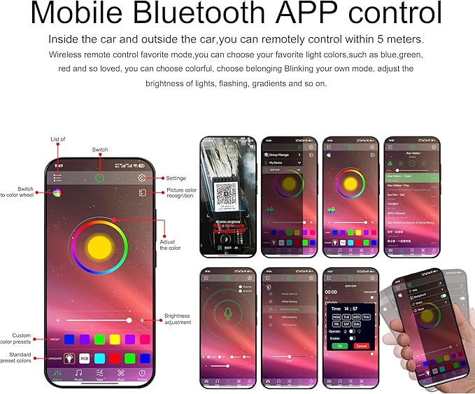 Car Ambient Lighting with Bluetooth App Control 64 Colors Multicoloured Music Interior Footwell Lighting Kit DC 12V 1W