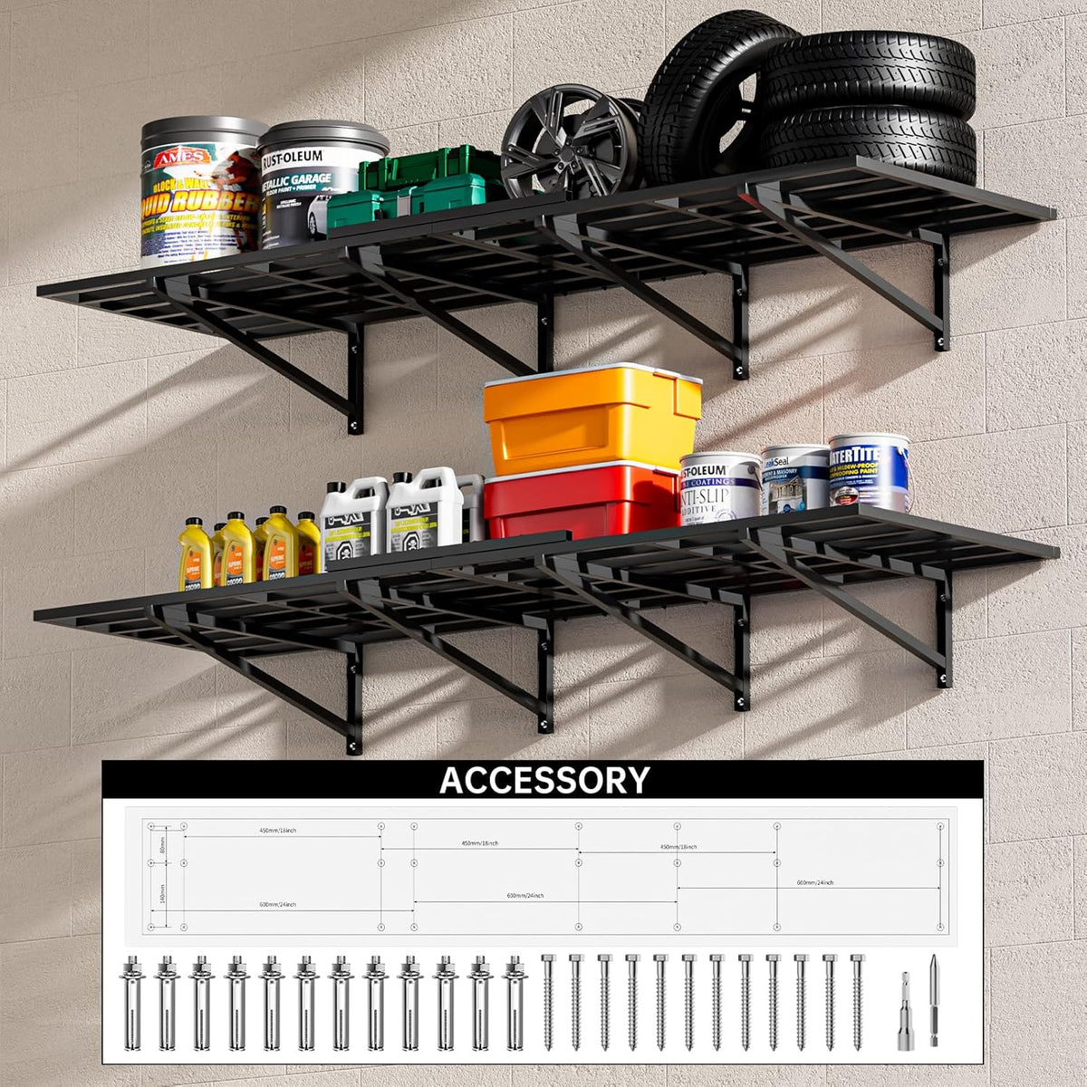 2-Pack 2x6 Ft Garage Wall Shelving Garage Shelving Wall Mounted Garage Wall Shelf 2000lbs Weight Capacityheavy Duty Wall Shelves Black