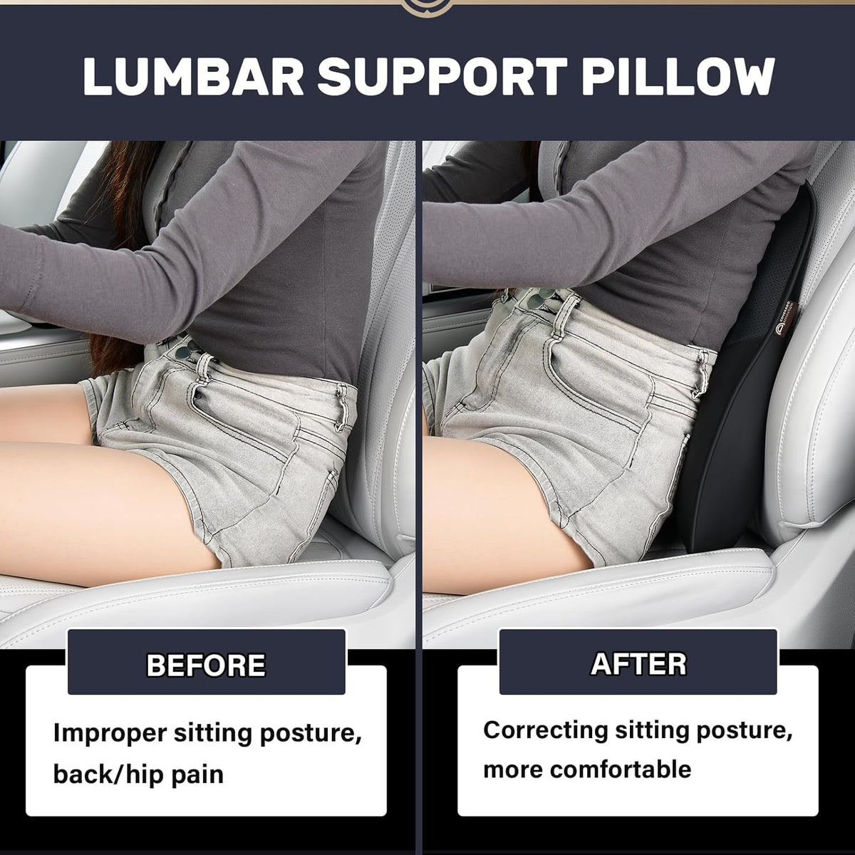 Coverado Lumbar Support Pillow for Car, Ergonomic Memory Foam Back Pillow for Office Chair, New Back Cushion for Pain Relief, PU Leather Car Lumbar Support for Driving Seat - BK