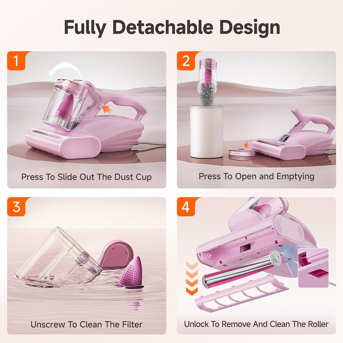uwant Bed Cleaner with 16Kpa Suction Metal Roller 253.7nm Uv-c Light Mattress Vacuum Cleaner 36000RPM/Min 149℉ Heating HEPA Filter&Ultrasonic Mattress Vacuum for Sofa, Pillow, Bed Throws, Pink