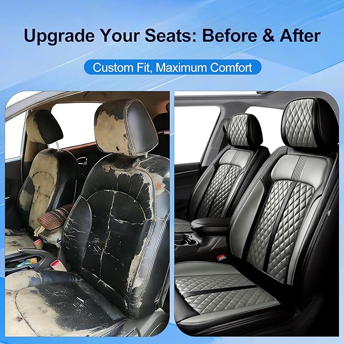Fit CX-30 Car Seat Covers for Select Mazda CX30 2020-2025, Full Coverage Leather, Airbag Compatible, Luxury Waterproof & All Weather Seat Protector, Front Pair Black+Gray