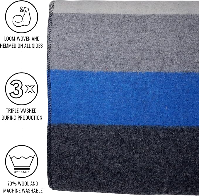 Arcturus Rainier Wool Blanket - 4.5lbs Warm, Heavy, Washable, Large | Great for Camping, Outdoors, Survival & Emergency Kits (White Blue Gray)