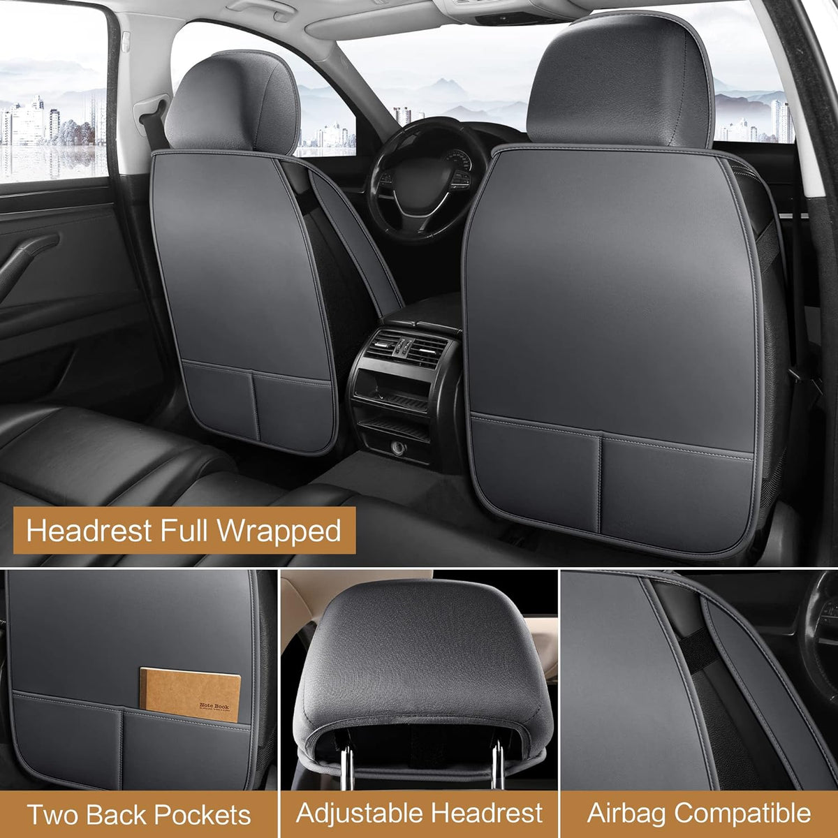 Pariitadin Leather Car Seat Covers Front Pair, Waterproof Breathable Faux Leather Automotive Seat Covers for Cars, Non-Slip Car Interior Covers Universal Fit Most Cars Sedans Trucks SUVs, Gray
