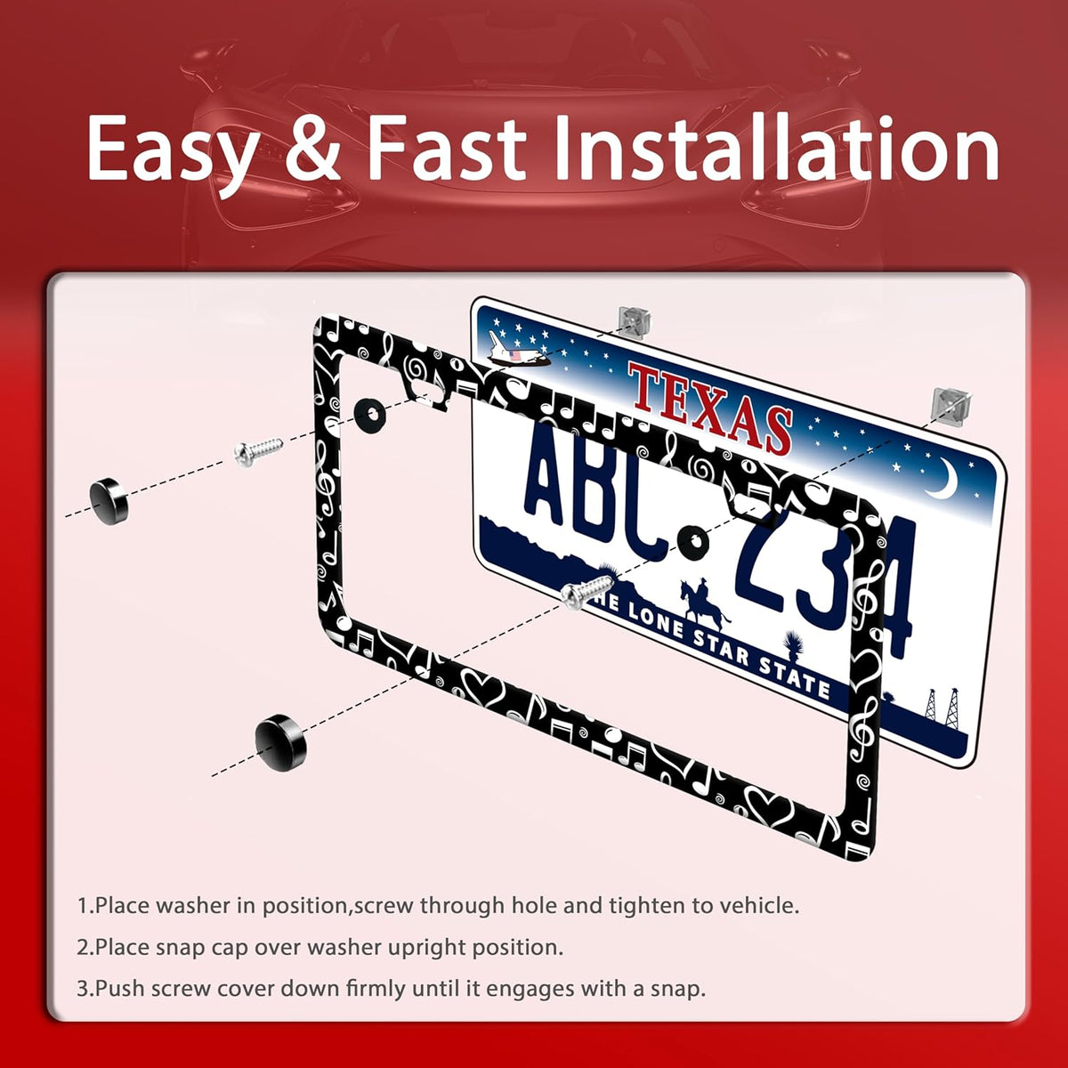 Music Note License Plate Frame Funny Musical License Plate Frames Stainless Steel Accessories Cars Decor with 2 Holes and Screws Fits Standard Us Ca Vehicles License Plate Holder 12.2 X 6 Inch