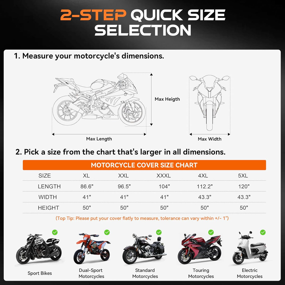 Motorcycle Cover Waterproof Outdoor, 300D Heavy Duty, UV & Rain Resistant, 3 Wind-Resistant Buckles, Dual Lock Holes, Includes Storage Bag, Fits Most Motorcycles up to 104",Silver