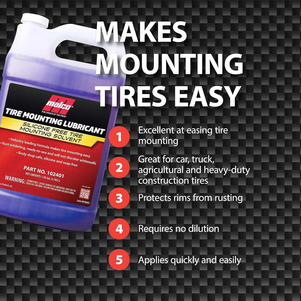 Malco Tire Mounting & Demounting Lubricant with Applicator - Automotive, Truck, Farm & Heavy-Duty Construction Tires/Improved Bead Seal/Rust Protection/Silicone & Soap Free / 1 Gal (102401)