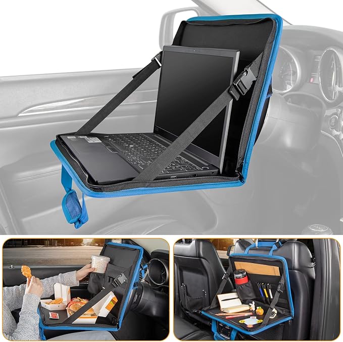 JOYTUTUS 3 in 1 Steering Wheel Eating Tray (Blue), Car Back Seat Laptop Desk, Multifunctional Office Bag Car Work Table for Writing, Car Organizer for Kids, Commuters, Family