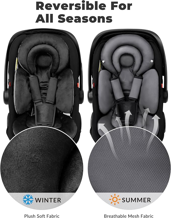 Infant Car Seat Insert with Removable Cushion for Preemie to Toddler, Reversible Newborn Carseat Insert for Baby Head Body Support, Fits for Stroller, Baby Swing, Bouncer (Pure Black)