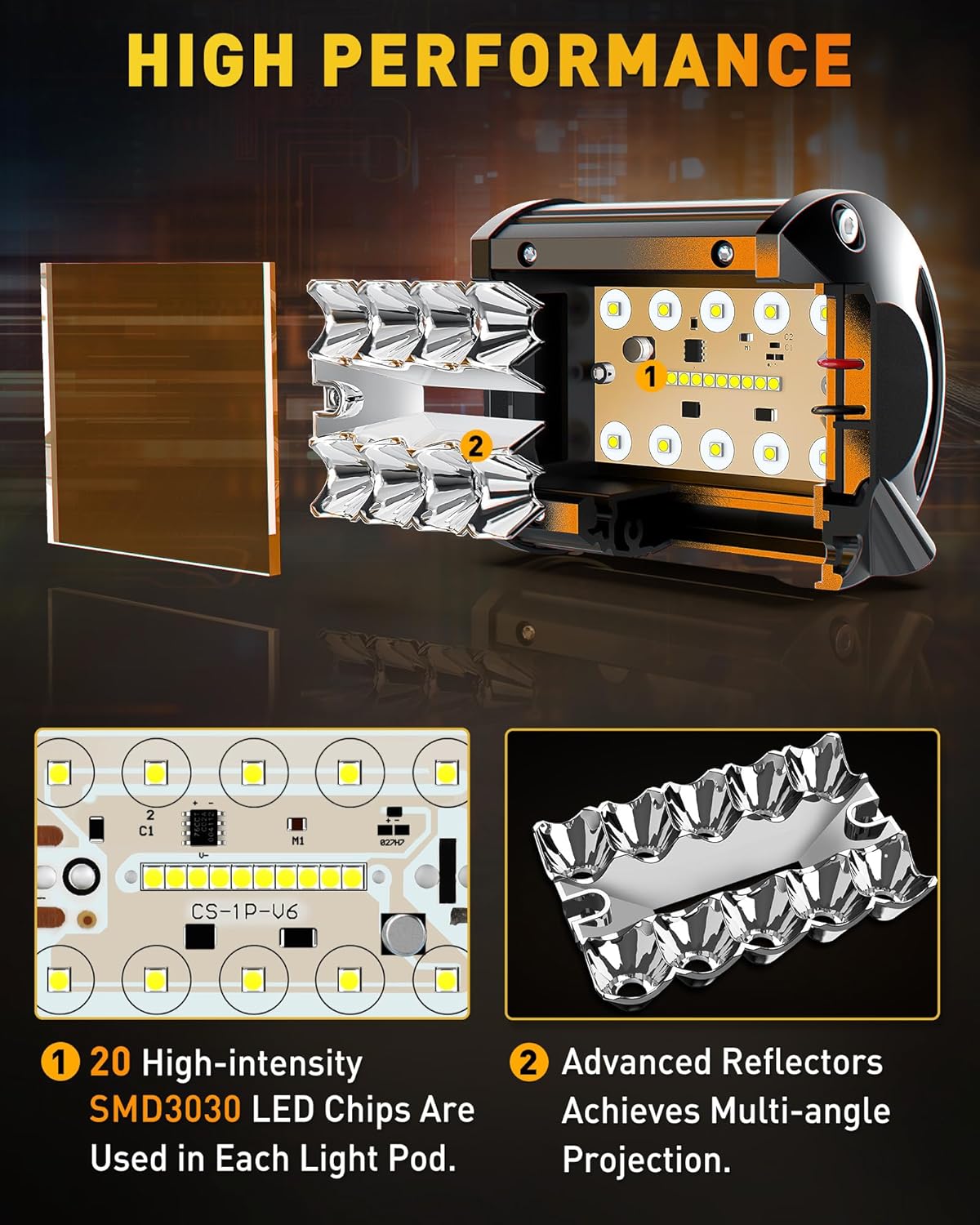 NAOEVO 4 Inch LED Pod Lights, Spot Flood Amber LED Fog/Driving/Off Road Lights with 2 Leads Wiring Harness, Cube Pods for Truck Boat ATV UTV, 2 Pcs (Amber)