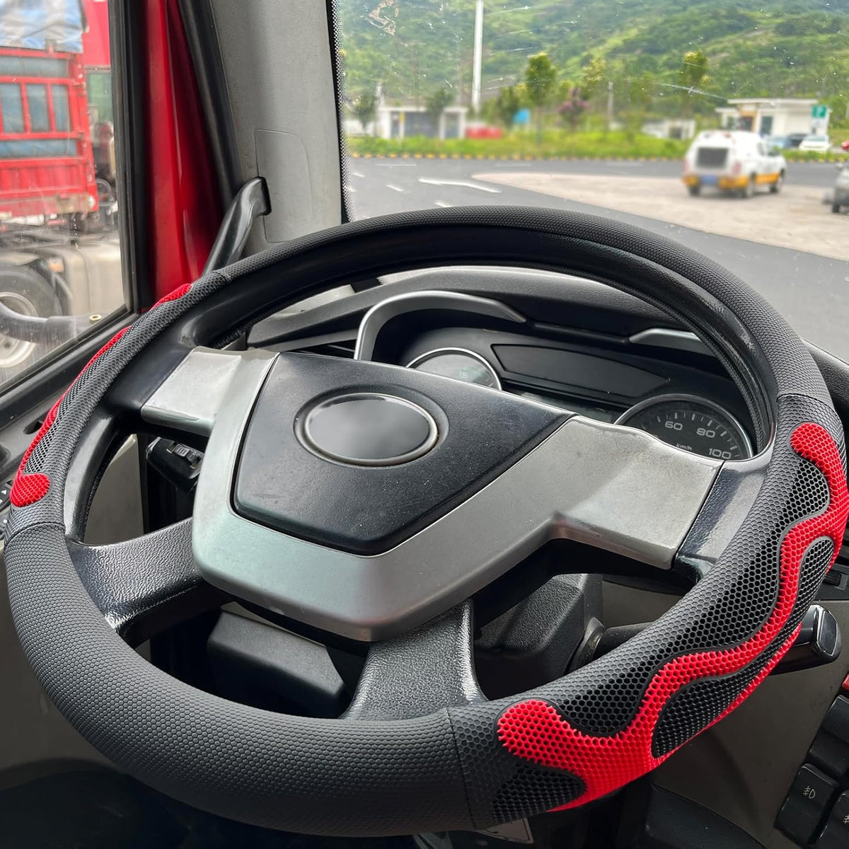 PINCTROT XL Size 17.5-18 Inch Comfy Grip Steering Wheel Cover for Semi Truck, Fits RV, Big Rig Trucker, 18 Wheeler and Classic Cars, Anti-Slip Design 17.5-18 Inch(Silicone Red)