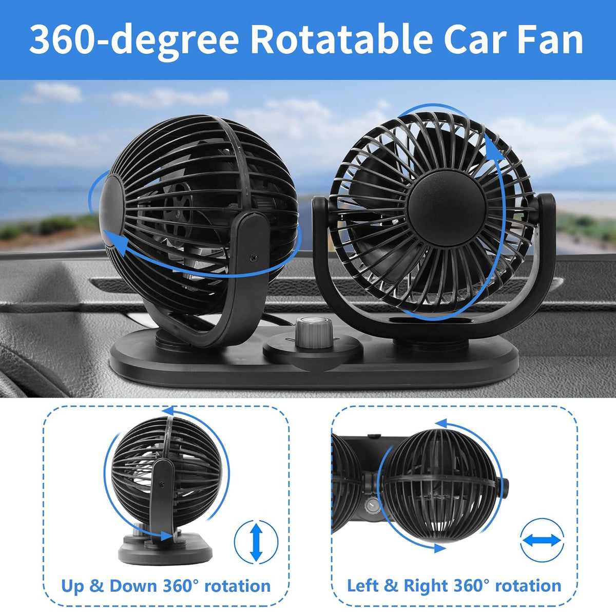 12V Car Fans Cooling Air Fan Powerful Dashboard Electric Dual Car Fan Cigarette Lighter Low Noise 360 Degree Rotatable for Truck Vehicle Boat Van SUV RV