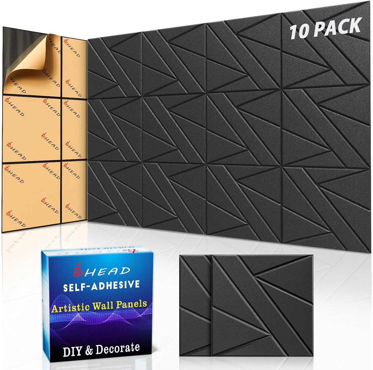 【10 Pack】 Acoustic Panels Self-Adhesive (0.4" Thick | 0.8lb/ft³ Medium Density) - 12x12 Soundproof Foam Tiles for Home Office/Wall Sound Absorption, Noise Reduction Panels Studio Use - Black