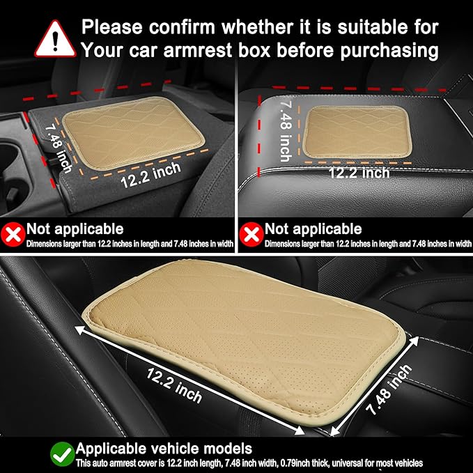 Amiss Auto Center Console Pad, Universal Waterproof Car Armrest Seat Box Cover, Car Interior Accessories, Breathable Leather Auto Armrest Cover Protector for Most Vehicle, SUV, Truck, Car (Beige)