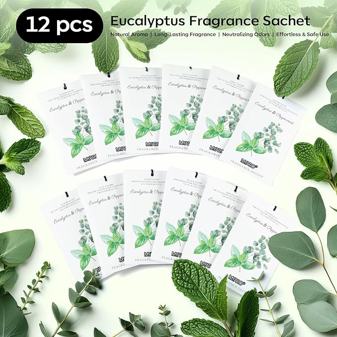 MYARO 12 Packs Eucalyptus Mint Scented Sachets for Drawer and Closet, Long-Lasting Closet Sachet Bags Drawer Deodorizers Fresh Scents, Home Fragrance Air Freshener