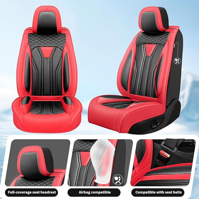 Fit Kona Car Seat Covers for Select Hyundai Kona 2018-2025 2026. Premium Leather, Waterproof， Breathable, Scratch-Resistant & All-Weather Seat Cushion Protector (Full Set, Red&Black)