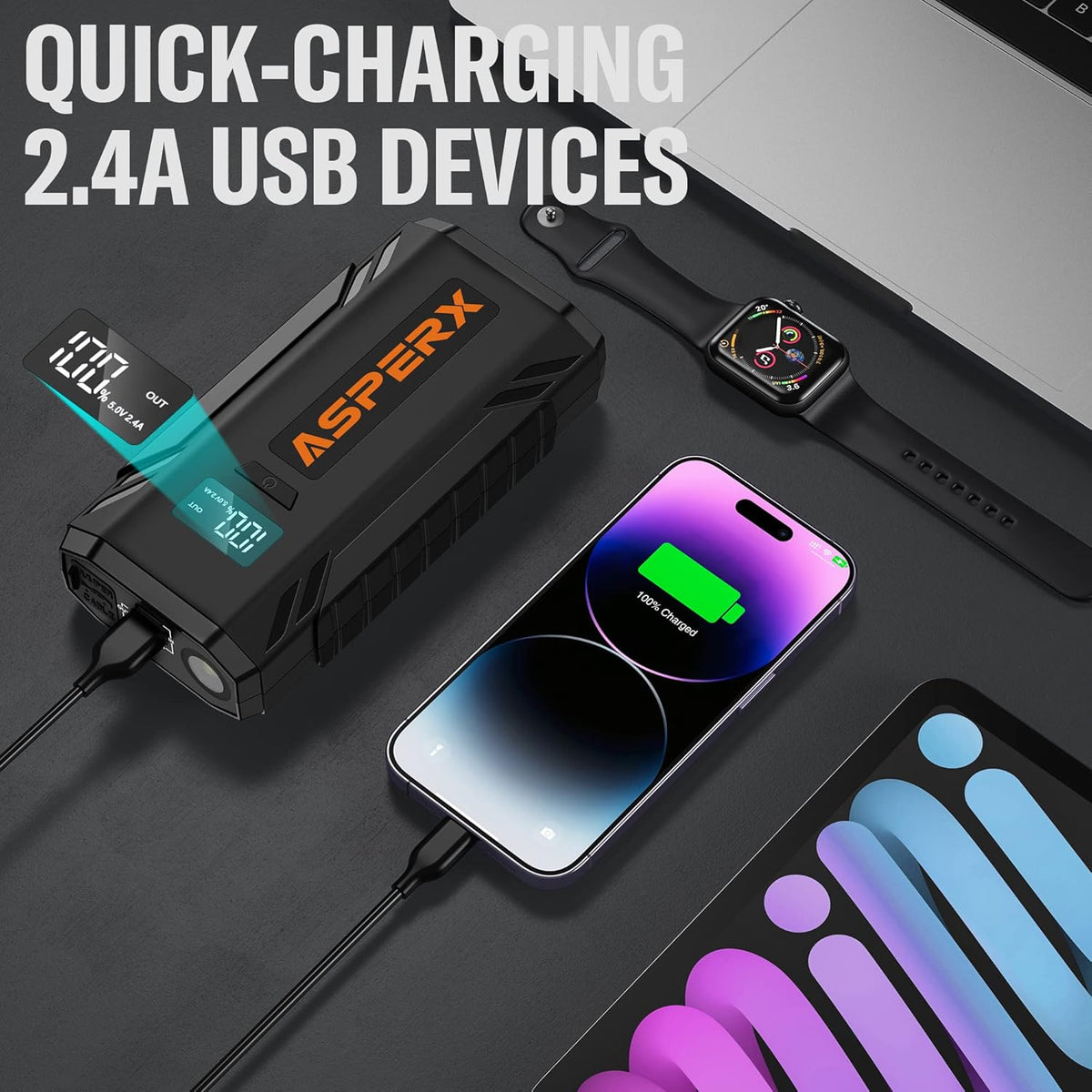 ASPERX Car Jump Starter, 2000A Peak Battery Jump Starter for Up to 7.0L Gas or 5.5L Diesel Engine, 12V Portable Battery Starter Power Pack with 1.4 INCH LCD Display