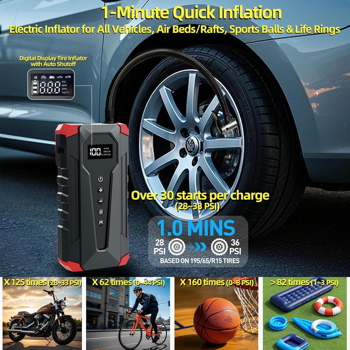 10800mAh Car Jump Starter with Air Compressor and USB/Type-C Charger, UL-Certified Portable Power Station for Cars