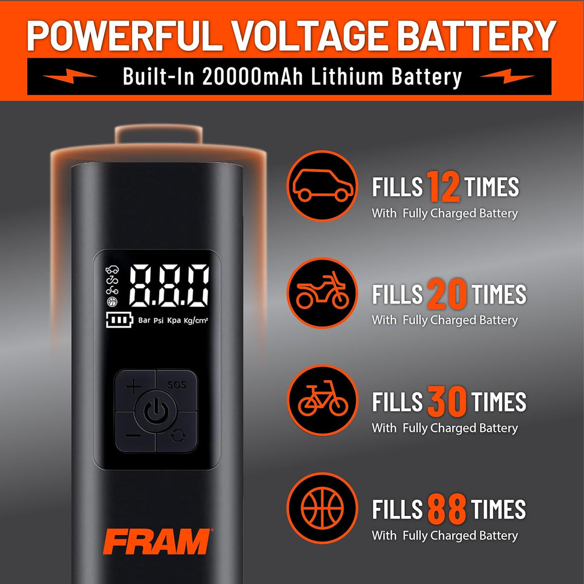 FRAM FEK40002 Portable Emergency Tire Inflator with 6000mAh Battery and 12V, 150PSI Air Pump for Car, Bike, Motor, Ball with Digital Tire Pressure Gauge with LED Light