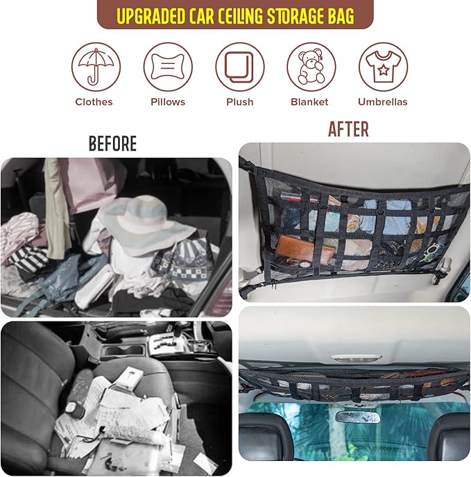 Car Ceiling Cargo Net Pocket Storage Net,29.5"x19.7" Adjustable D-Buckle to Reduce Sagging Roof Storage Organizer,Double-Layer Mesh SUV for SUVs,Road Trips,Car Camping Essentials