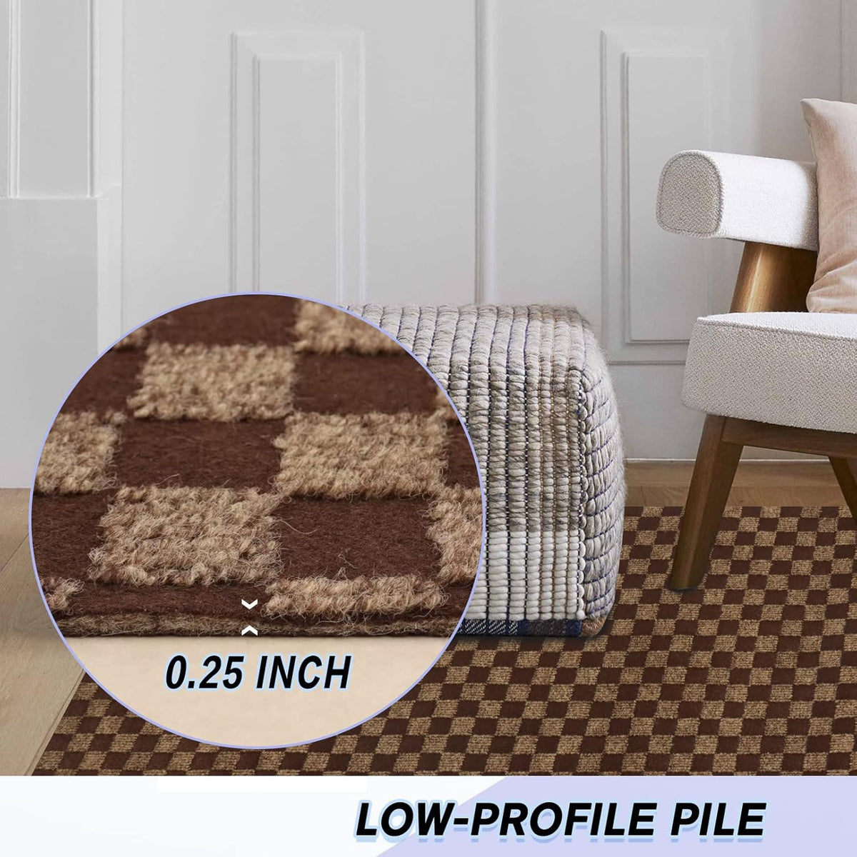 Custom Size Backed Non-Slip Area Rugs Runner, Easy Clean, Waterproof Runner Rugs for Hallway Entryway, Kitchen, Laundry, 3FT x 78FT, Brown Checkered