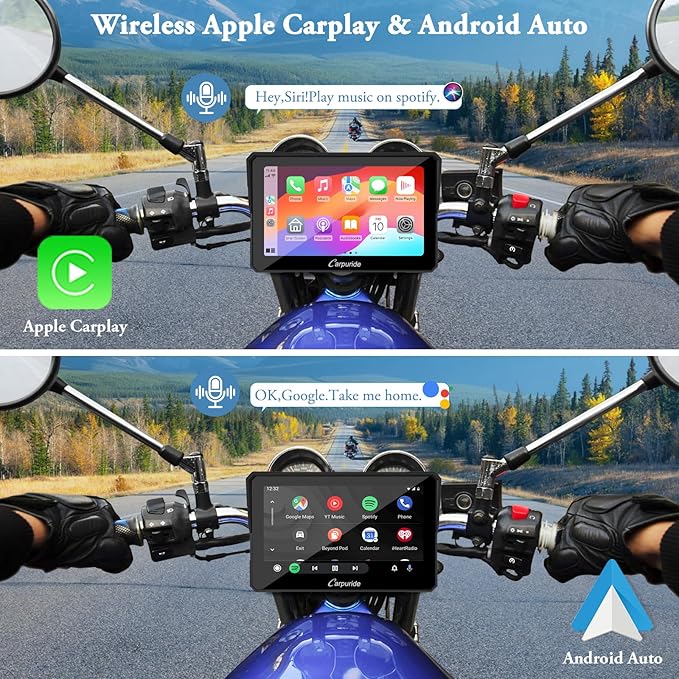 Carpuride W702 for Motorcycle, 7 inch Waterproof Touchscreen, Portable Carplay/Android Auto GPS Navigation for Motorbike, Support Dual Bluetooth, Car GPS, Siri, G00gle Assistant, TF-64G