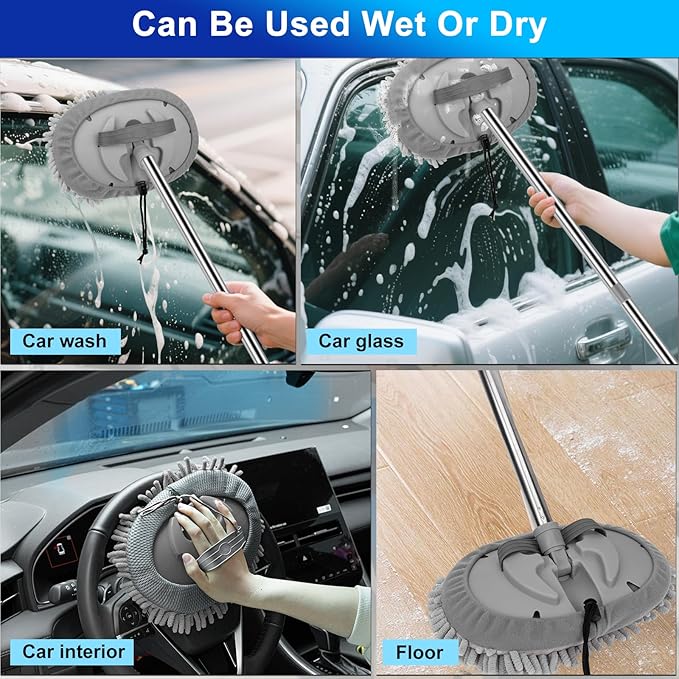 THINKWORK Car Wash Kit, Car Washing Brush with Long Handle, Extendable Car Wash Brush Mop with 2-in-1 Windshield Squeegee and 9Pcs Detailing Brushes, Gray Car Detailing Kit Gift for Men