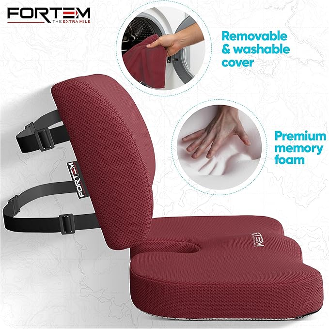 FORTEM Seat Cushion, Office Chair Cushion, Lumbar Support Pillow for Office Chair, Memory Foam Sciatica Coccyx Tailbone Pressure Pain Relief, Car Sitting Pad, Washable Non Slip
