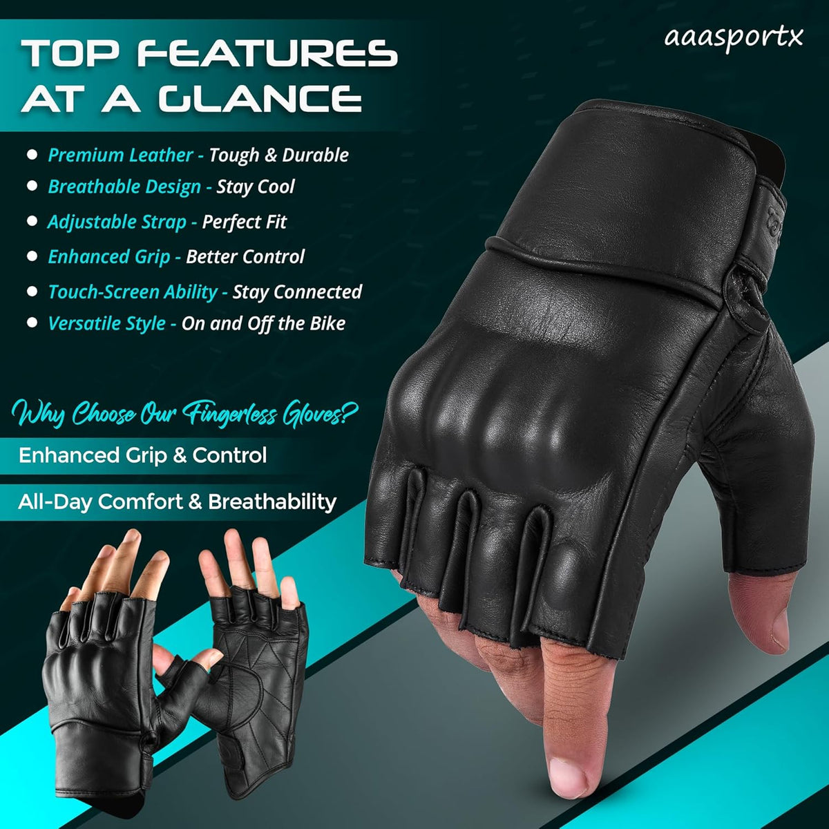 aasportx Motorcycle Gloves - Men's Leather Motorbike Gloves with Touchscreen Function - Non-Slip Pads for Men & Women