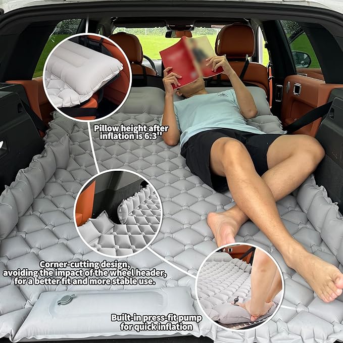 Inflatable Car Air Mattress, SUV Air Mattress for Travel Camping, Ultralight Camping Bed with Pillow and Built-in Foot Pump, Portable Sleeping Pad for SUV -Grey