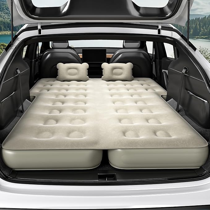 GOOBED Inflatable SUV Camping Mattress with Pump & Accessories, 10-Inch Thick Air Bed with Pillows, Storage Bag & Patch Kit, Fits 4Runner, Jeep, and Most Midsize to Large SUVs (Gray)
