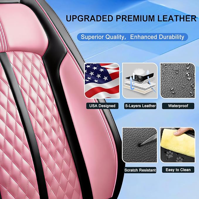 Fit CX-5 Car Seat Covers for Select Mazda CX5 2013-2024 2025 2026 - Premium Full Coverage Leather, Airbag Compatible, Waterproof & All Weather Seat Protector, Front Pair Black+Pink