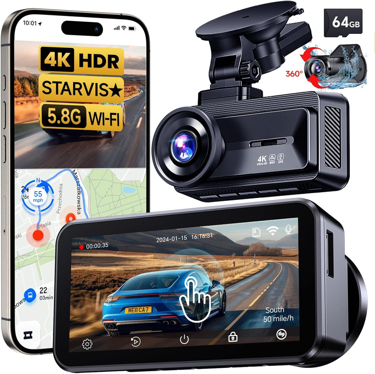 COOLCRAZY 4K Dash Cam Front and Rear with Touch Screen & STARVIS Sensor,5.8Ghz Wi-Fi,GPS,64GB Card,Night Vision Dashcam,G-Sensor,Loop Recording,App Control,24H Parking Monitor Car Camera